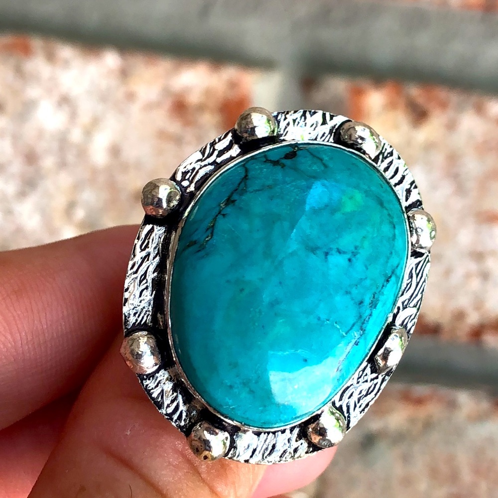 Sterling Silver 925 Handmade Large Textured Turquoise Ring Size 8